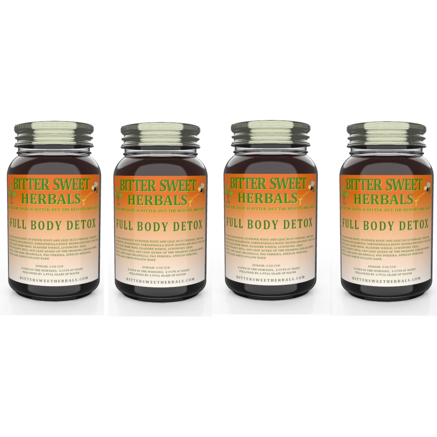 Four quart bottles of Bitter Sweet Herbals Full Body Detox herbal blend